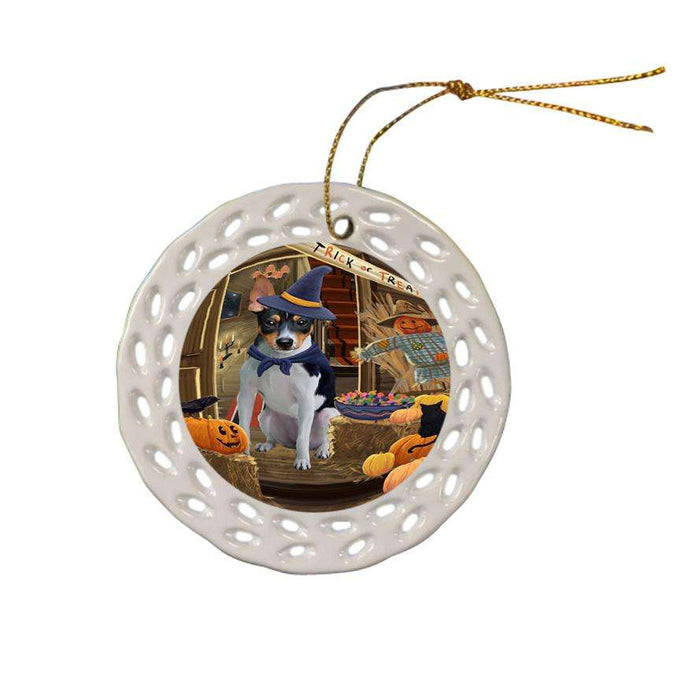 Enter at Own Risk Trick or Treat Halloween Rat Terrier Dog Ceramic Doily Ornament DPOR53234