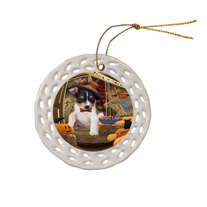 Enter at Own Risk Trick or Treat Halloween Rat Terrier Dog Ceramic Doily Ornament DPOR53238