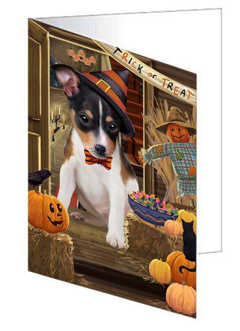 Enter at Own Risk Trick or Treat Halloween Rat Terrier Dog Handmade Artwork Assorted Pets Greeting Cards and Note Cards with Envelopes for All Occasions and Holiday Seasons GCD63743