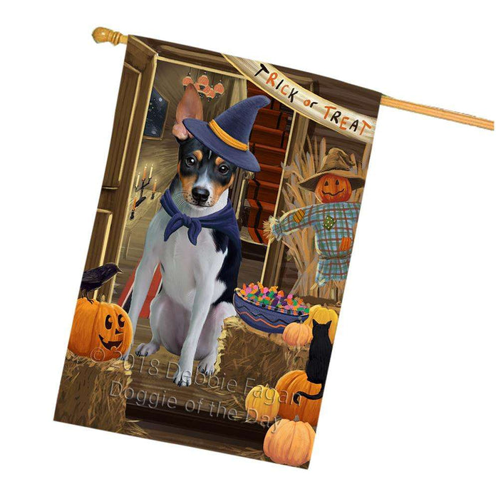 Enter at Own Risk Trick or Treat Halloween Rat Terrier Dog House Flag FLG53432