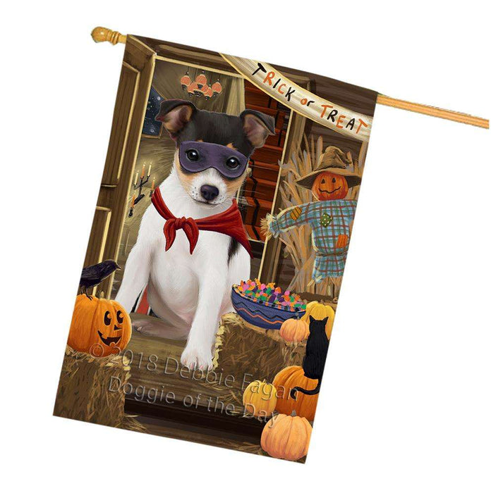 Enter at Own Risk Trick or Treat Halloween Rat Terrier Dog House Flag FLG53433