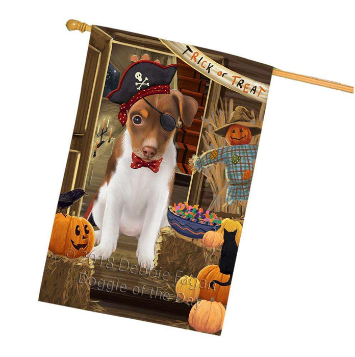 Enter at Own Risk Trick or Treat Halloween Rat Terrier Dog House Flag FLG53434