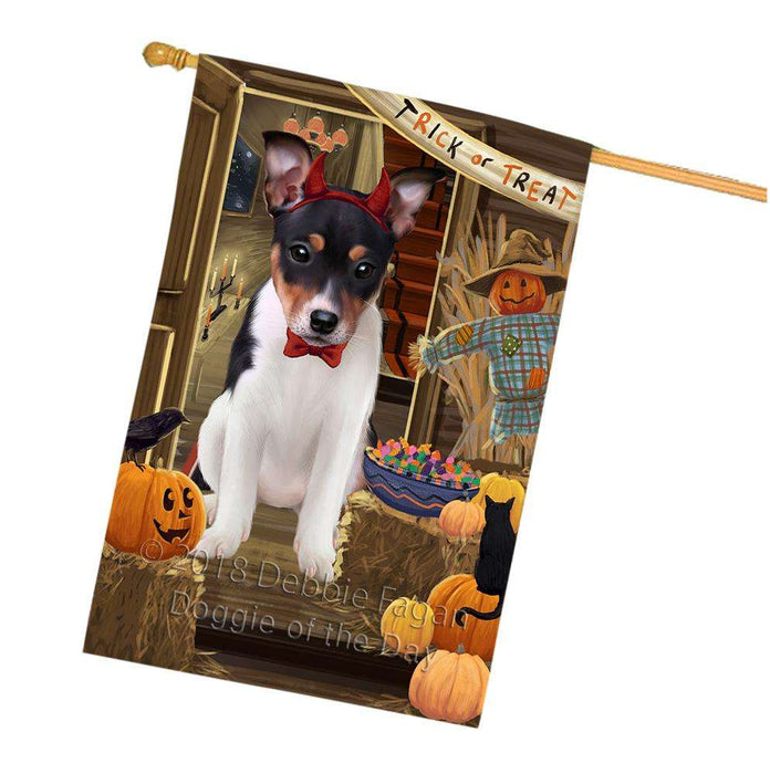 Enter at Own Risk Trick or Treat Halloween Rat Terrier Dog House Flag FLG53435