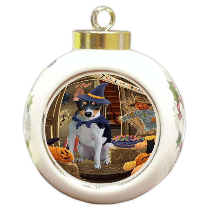 Enter at Own Risk Trick or Treat Halloween Rat Terrier Dog Round Ball Christmas Ornament RBPOR53234