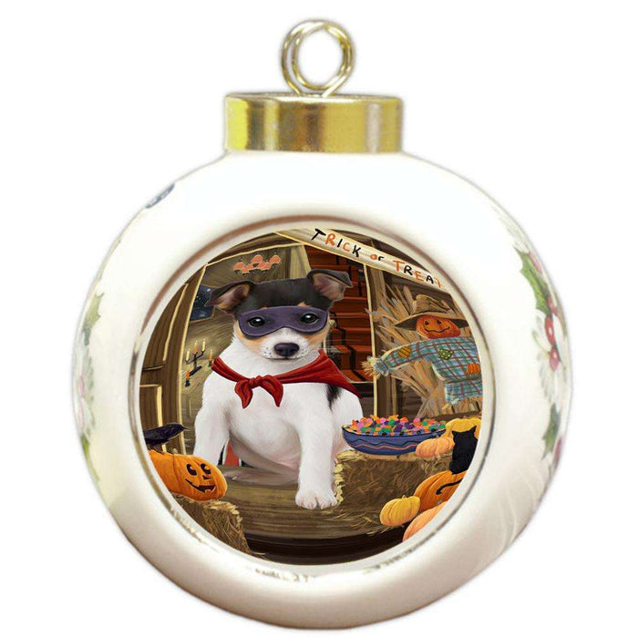 Enter at Own Risk Trick or Treat Halloween Rat Terrier Dog Round Ball Christmas Ornament RBPOR53235