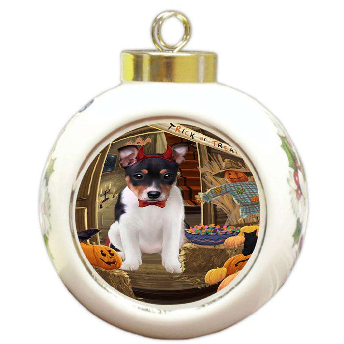 Enter at Own Risk Trick or Treat Halloween Rat Terrier Dog Round Ball Christmas Ornament RBPOR53237
