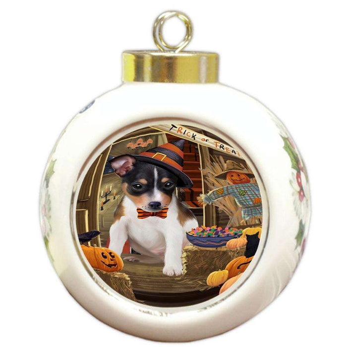 Enter at Own Risk Trick or Treat Halloween Rat Terrier Dog Round Ball Christmas Ornament RBPOR53238