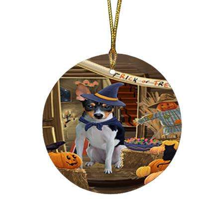 Enter at Own Risk Trick or Treat Halloween Rat Terrier Dog Round Flat Christmas Ornament RFPOR53225