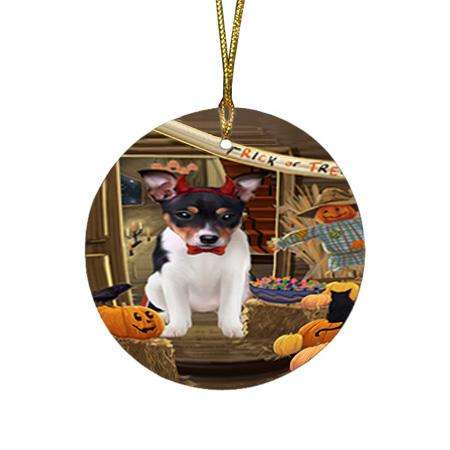 Enter at Own Risk Trick or Treat Halloween Rat Terrier Dog Round Flat Christmas Ornament RFPOR53228
