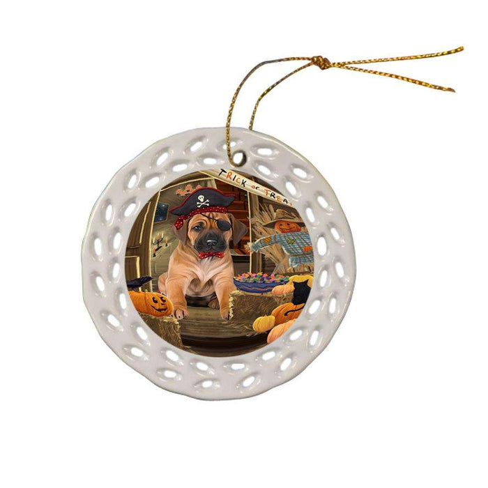 Enter at Own Risk Trick or Treat Halloween Rhodesian Ridgeback Dog Ceramic Doily Ornament DPOR53241