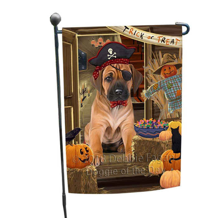 Enter at Own Risk Trick or Treat Halloween Rhodesian Ridgeback Dog Garden Flag GFLG53303