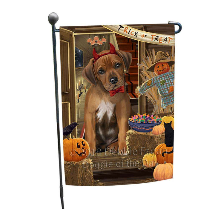 Enter at Own Risk Trick or Treat Halloween Rhodesian Ridgeback Dog Garden Flag GFLG53304