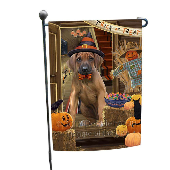 Enter at Own Risk Trick or Treat Halloween Rhodesian Ridgeback Dog Garden Flag GFLG53305