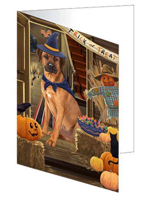 Enter at Own Risk Trick or Treat Halloween Rhodesian Ridgeback Dog Handmade Artwork Assorted Pets Greeting Cards and Note Cards with Envelopes for All Occasions and Holiday Seasons GCD63746