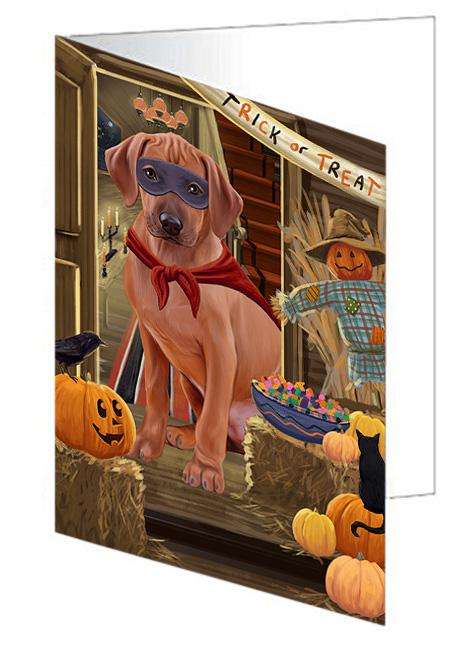 Enter at Own Risk Trick or Treat Halloween Rhodesian Ridgeback Dog Handmade Artwork Assorted Pets Greeting Cards and Note Cards with Envelopes for All Occasions and Holiday Seasons GCD63749