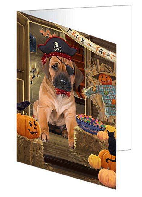 Enter at Own Risk Trick or Treat Halloween Rhodesian Ridgeback Dog Handmade Artwork Assorted Pets Greeting Cards and Note Cards with Envelopes for All Occasions and Holiday Seasons GCD63752