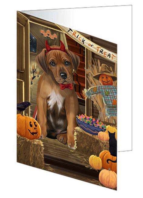 Enter at Own Risk Trick or Treat Halloween Rhodesian Ridgeback Dog Handmade Artwork Assorted Pets Greeting Cards and Note Cards with Envelopes for All Occasions and Holiday Seasons GCD63755