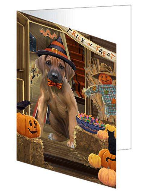 Enter at Own Risk Trick or Treat Halloween Rhodesian Ridgeback Dog Handmade Artwork Assorted Pets Greeting Cards and Note Cards with Envelopes for All Occasions and Holiday Seasons GCD63758