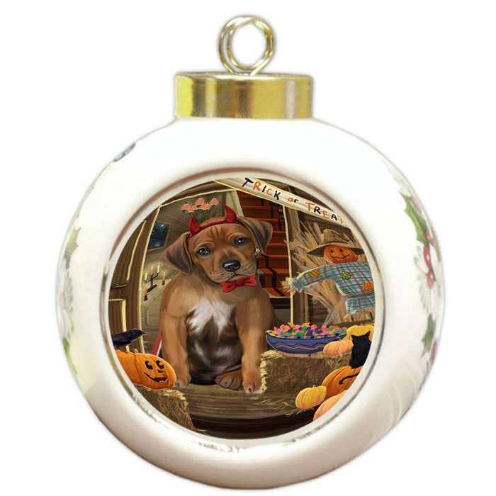Enter at Own Risk Trick or Treat Halloween Rhodesian Ridgeback Dog Round Ball Christmas Ornament RBPOR53242