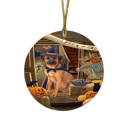 Enter at Own Risk Trick or Treat Halloween Rhodesian Ridgeback Dog Round Flat Christmas Ornament RFPOR53230