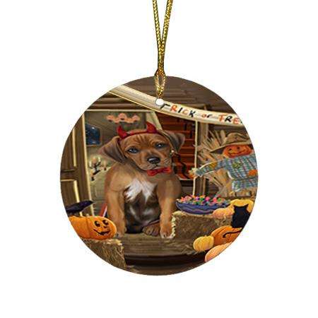 Enter at Own Risk Trick or Treat Halloween Rhodesian Ridgeback Dog Round Flat Christmas Ornament RFPOR53233