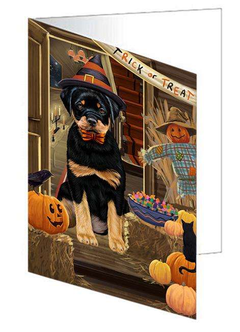 Enter at Own Risk Trick or Treat Halloween Rottweiler Dog Handmade Artwork Assorted Pets Greeting Cards and Note Cards with Envelopes for All Occasions and Holiday Seasons GCD63773