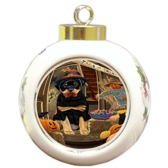 Enter at Own Risk Trick or Treat Halloween Rottweiler Dog Round Ball Christmas Ornament RBPOR53248