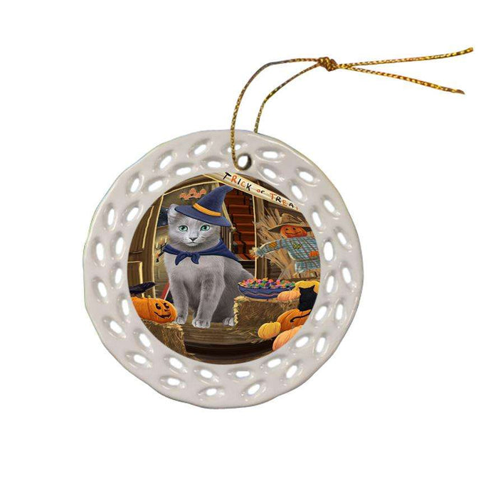Enter at Own Risk Trick or Treat Halloween Russian Blue Cat Ceramic Doily Ornament DPOR53249