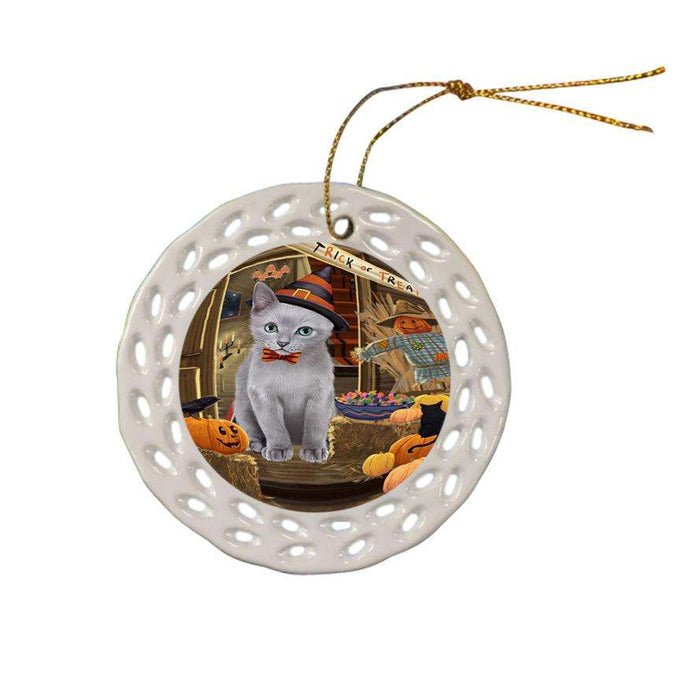 Enter at Own Risk Trick or Treat Halloween Russian Blue Cat Ceramic Doily Ornament DPOR53253