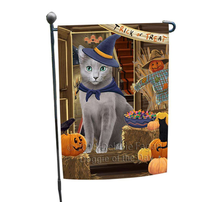 Enter at Own Risk Trick or Treat Halloween Russian Blue Cat Garden Flag GFLG53311