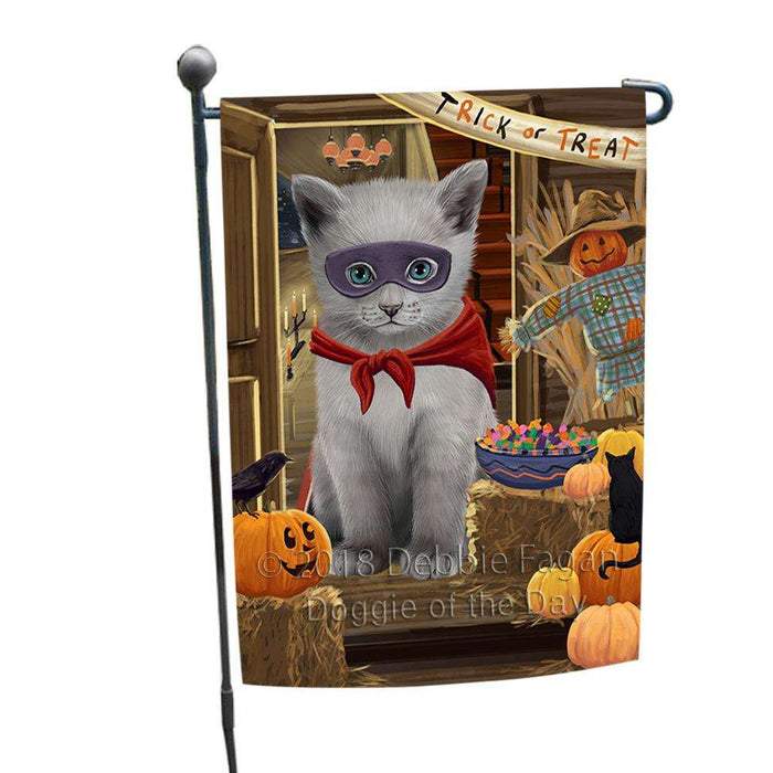 Enter at Own Risk Trick or Treat Halloween Russian Blue Cat Garden Flag GFLG53312