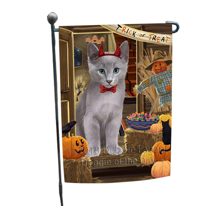 Enter at Own Risk Trick or Treat Halloween Russian Blue Cat Garden Flag GFLG53314