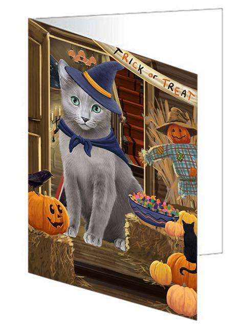 Enter at Own Risk Trick or Treat Halloween Russian Blue Cat Handmade Artwork Assorted Pets Greeting Cards and Note Cards with Envelopes for All Occasions and Holiday Seasons GCD63776
