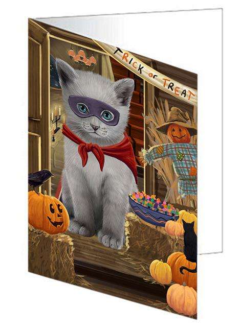 Enter at Own Risk Trick or Treat Halloween Russian Blue Cat Handmade Artwork Assorted Pets Greeting Cards and Note Cards with Envelopes for All Occasions and Holiday Seasons GCD63779