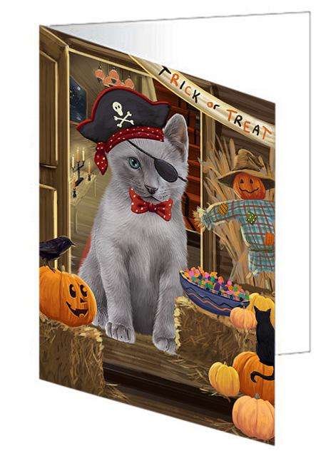Enter at Own Risk Trick or Treat Halloween Russian Blue Cat Handmade Artwork Assorted Pets Greeting Cards and Note Cards with Envelopes for All Occasions and Holiday Seasons GCD63782