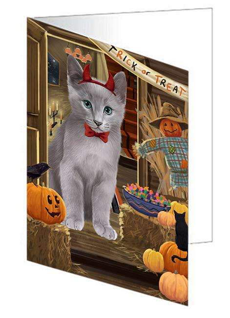 Enter at Own Risk Trick or Treat Halloween Russian Blue Cat Handmade Artwork Assorted Pets Greeting Cards and Note Cards with Envelopes for All Occasions and Holiday Seasons GCD63785