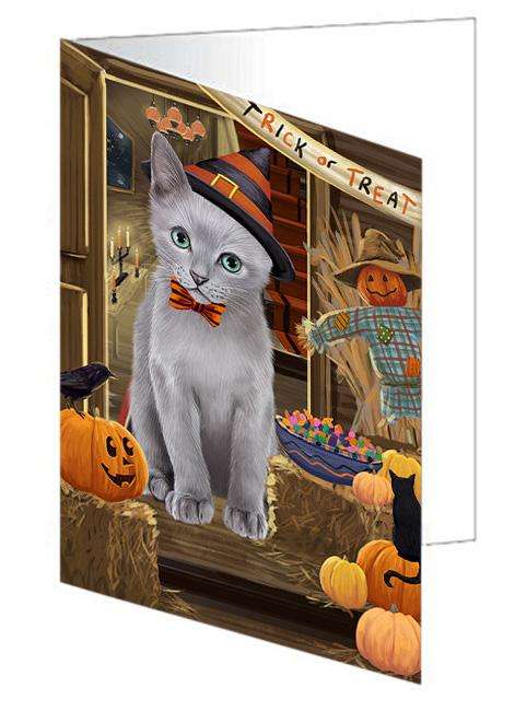 Enter at Own Risk Trick or Treat Halloween Russian Blue Cat Handmade Artwork Assorted Pets Greeting Cards and Note Cards with Envelopes for All Occasions and Holiday Seasons GCD63788