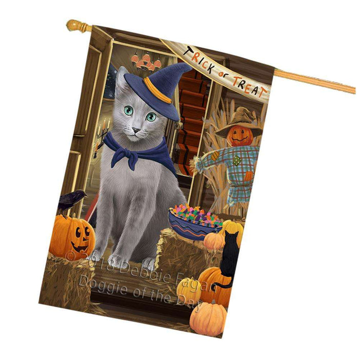 Enter at Own Risk Trick or Treat Halloween Russian Blue Cat House Flag FLG53447