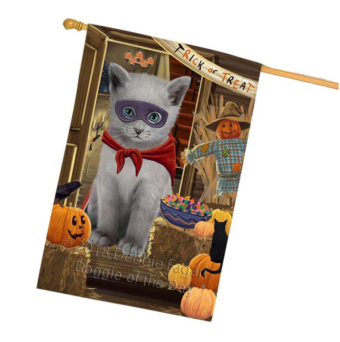 Enter at Own Risk Trick or Treat Halloween Russian Blue Cat House Flag FLG53448