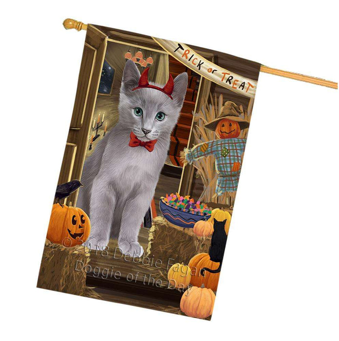 Enter at Own Risk Trick or Treat Halloween Russian Blue Cat House Flag FLG53450