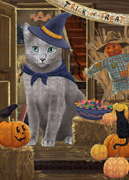 Enter at Own Risk Trick or Treat Halloween Russian Blue Cat Puzzle with Photo Tin PUZL80152