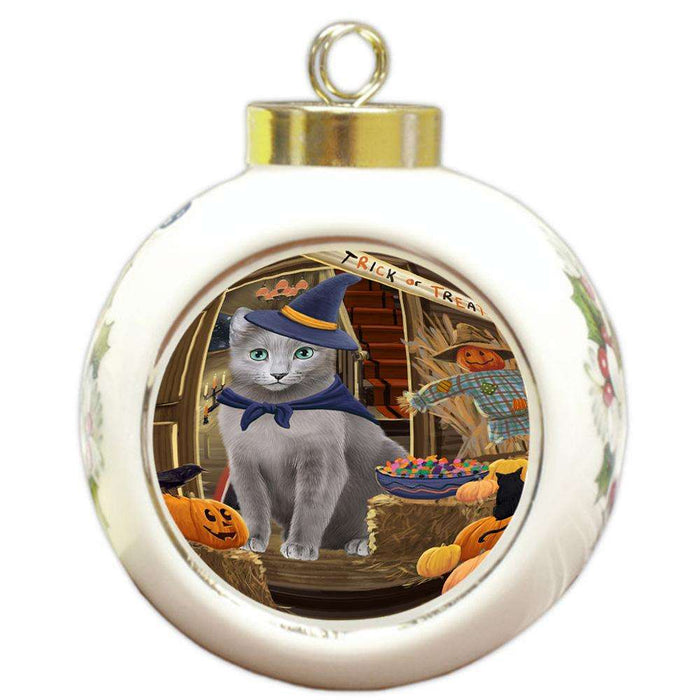 Enter at Own Risk Trick or Treat Halloween Russian Blue Cat Round Ball Christmas Ornament RBPOR53249