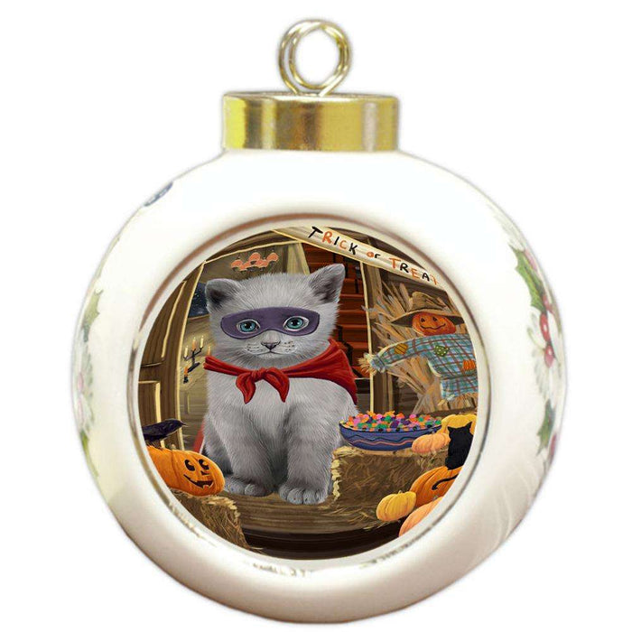Enter at Own Risk Trick or Treat Halloween Russian Blue Cat Round Ball Christmas Ornament RBPOR53250