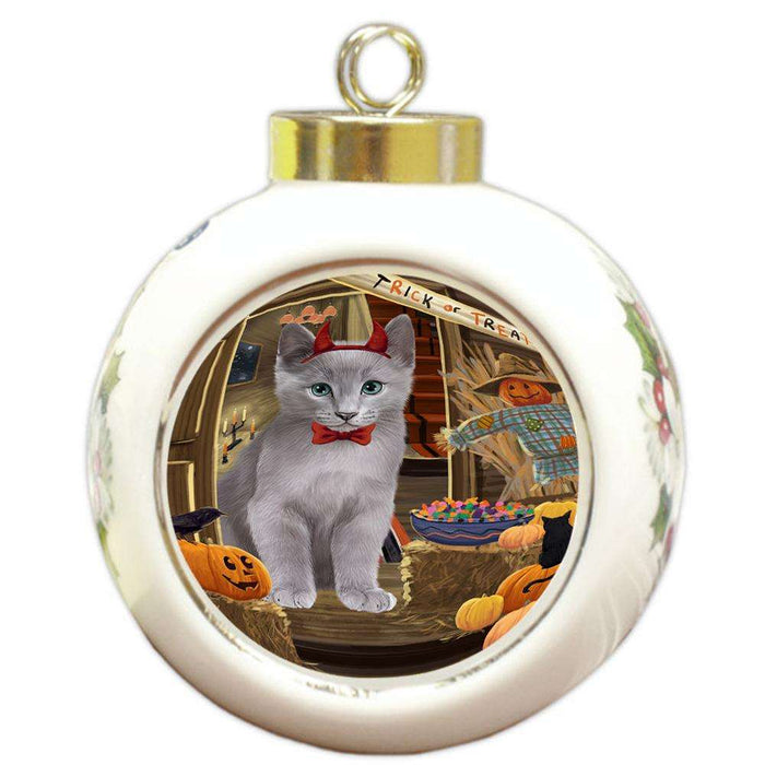 Enter at Own Risk Trick or Treat Halloween Russian Blue Cat Round Ball Christmas Ornament RBPOR53252