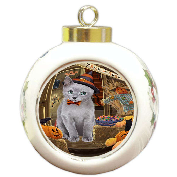 Enter at Own Risk Trick or Treat Halloween Russian Blue Cat Round Ball Christmas Ornament RBPOR53253