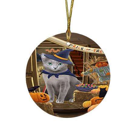 Enter at Own Risk Trick or Treat Halloween Russian Blue Cat Round Flat Christmas Ornament RFPOR53240