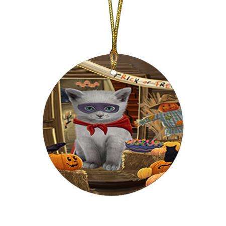 Enter at Own Risk Trick or Treat Halloween Russian Blue Cat Round Flat Christmas Ornament RFPOR53241