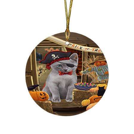 Enter at Own Risk Trick or Treat Halloween Russian Blue Cat Round Flat Christmas Ornament RFPOR53242