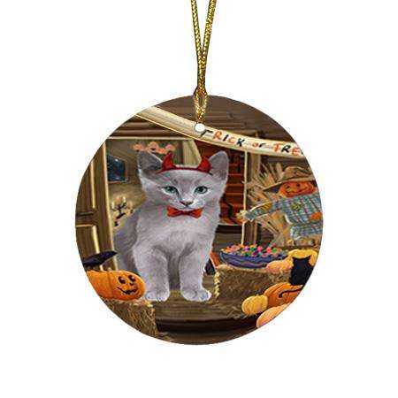 Enter at Own Risk Trick or Treat Halloween Russian Blue Cat Round Flat Christmas Ornament RFPOR53243