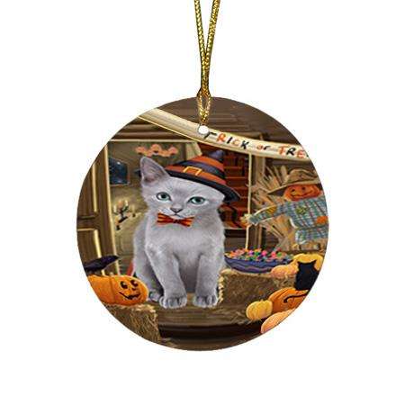 Enter at Own Risk Trick or Treat Halloween Russian Blue Cat Round Flat Christmas Ornament RFPOR53244